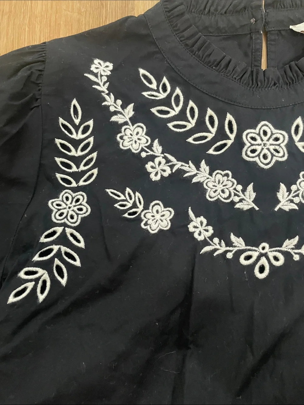 LOFT Black Blouse with White Floral Embroidery